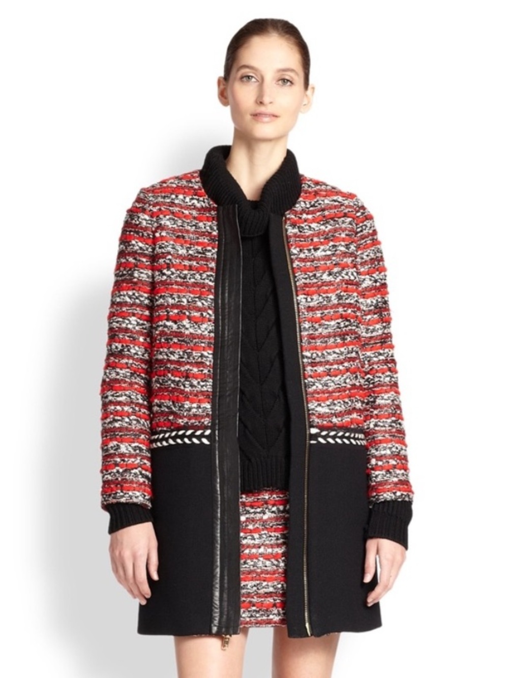 Milly Multimedia Coat Size 2 Red Black Wool Blend Lamb Leather Trim Tweed Long